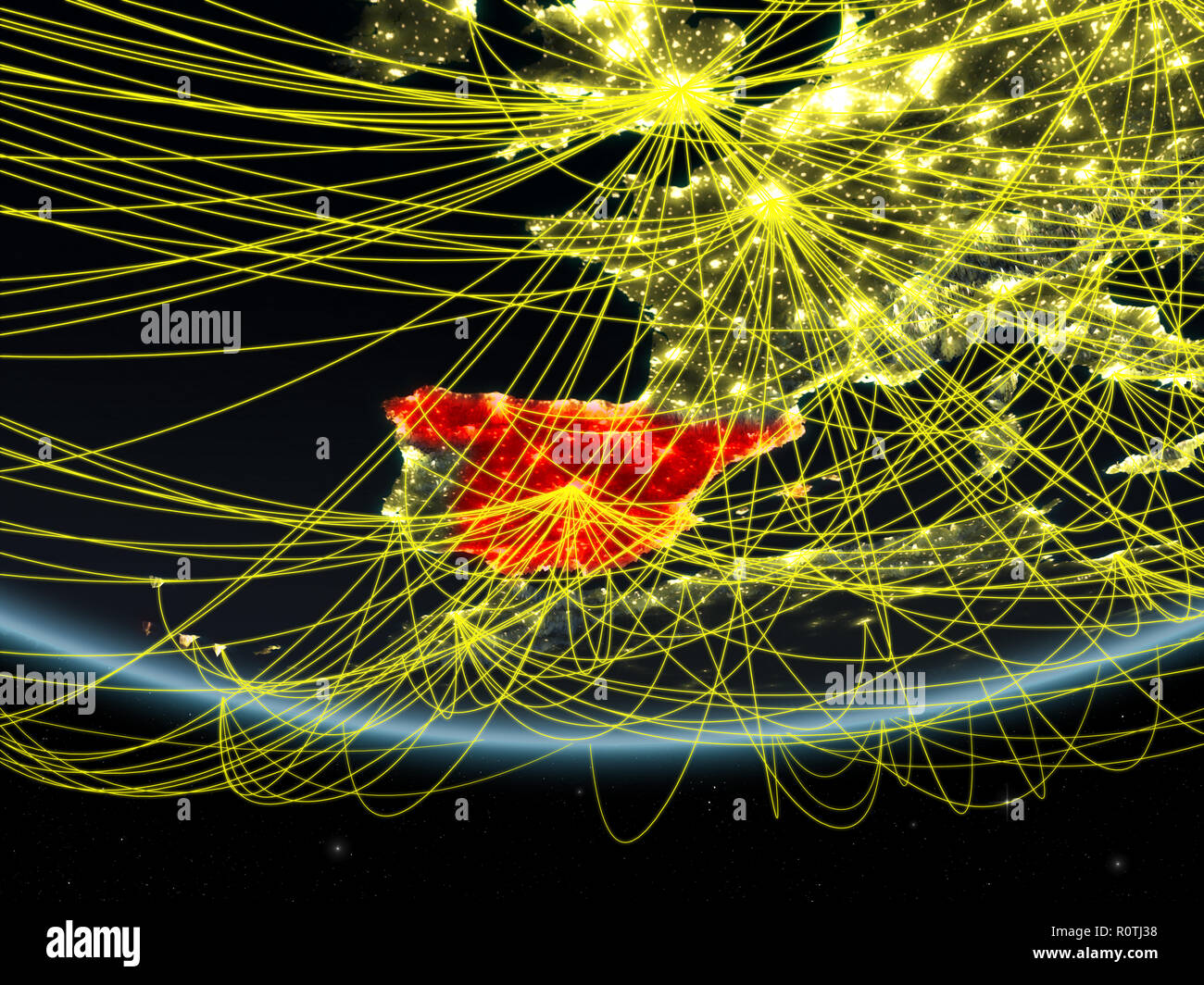 Spain on model of planet Earth at night with network representing ...