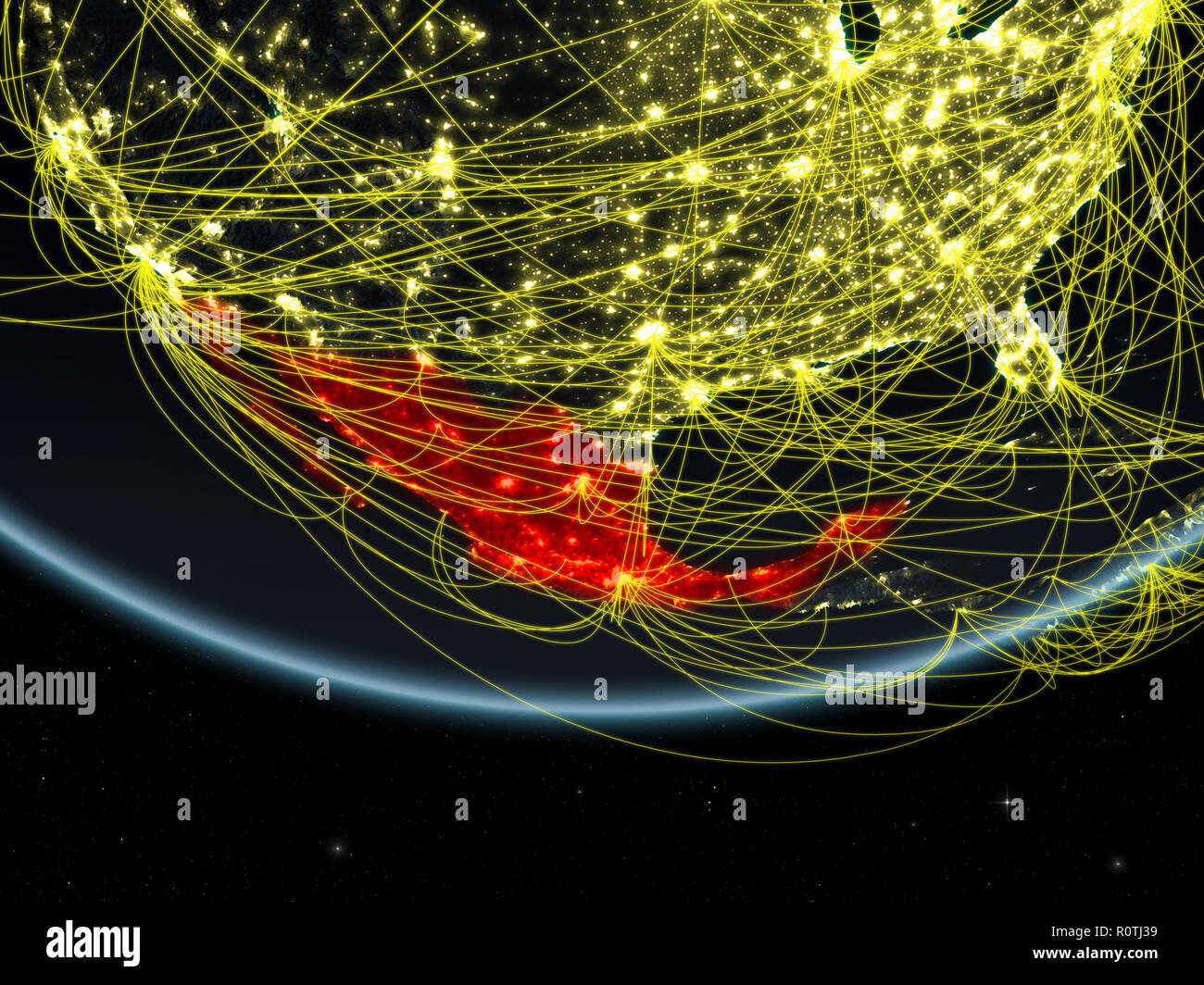 Mexico on model of planet Earth at night with network representing ...