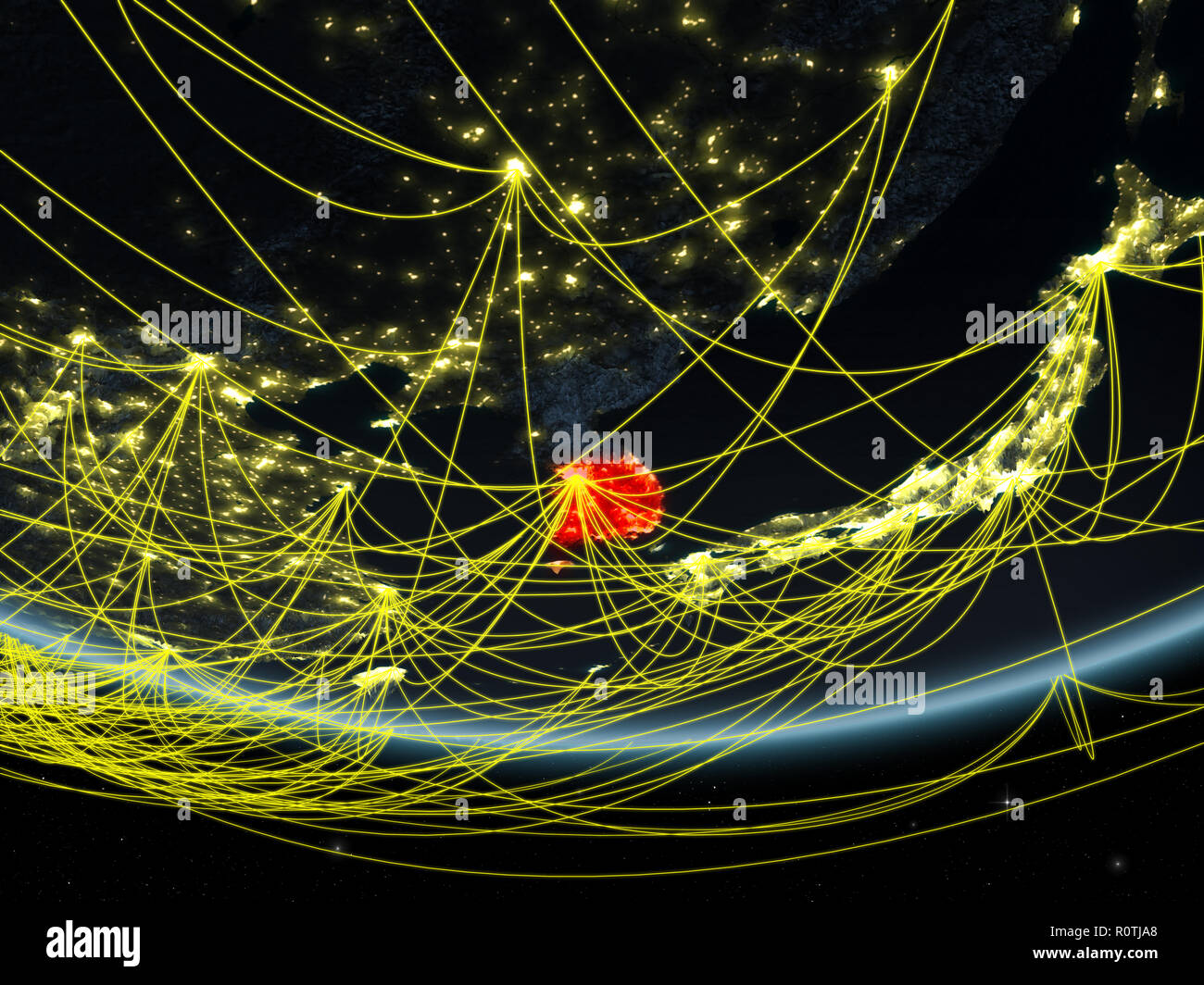 South Korea on model of planet Earth at night with network representing ...