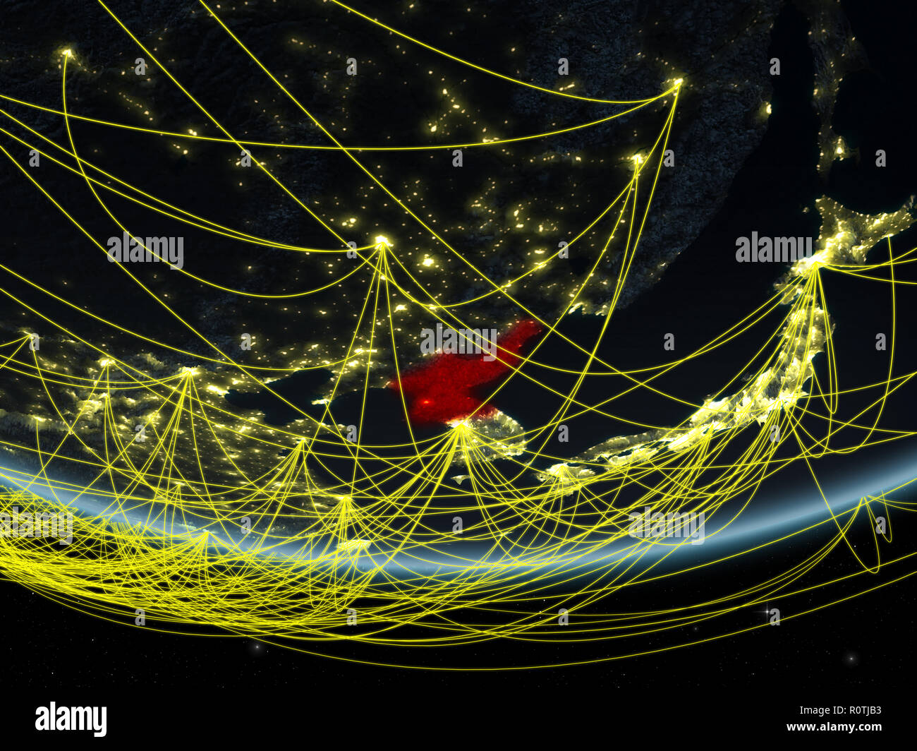 North Korea on model of planet Earth at night with network representing ...