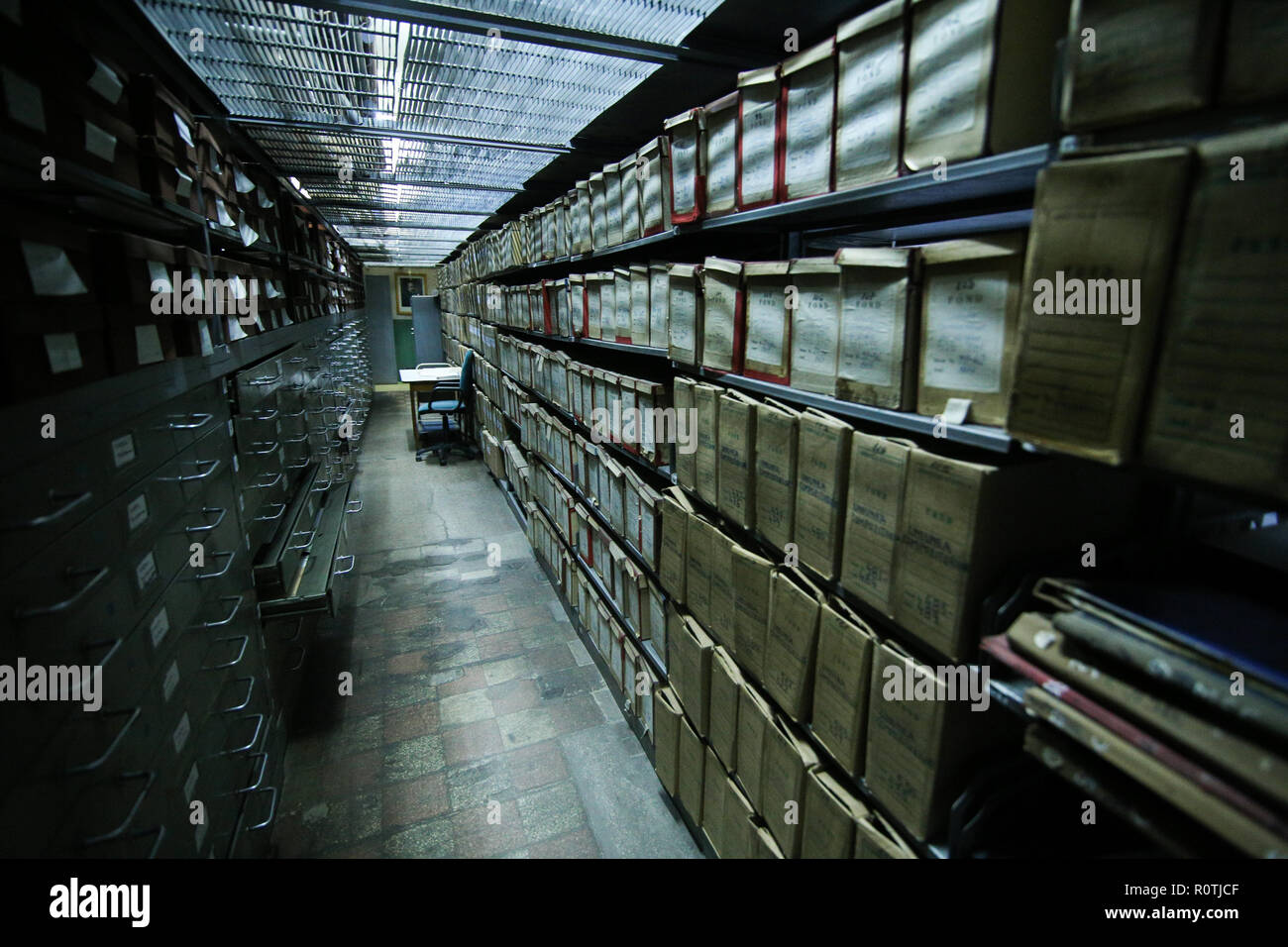 BUCHAREST, ROMANIA - October 31, 2018: Historical archives stacked in a deposit of Romanian National Archives headquarters Stock Photo