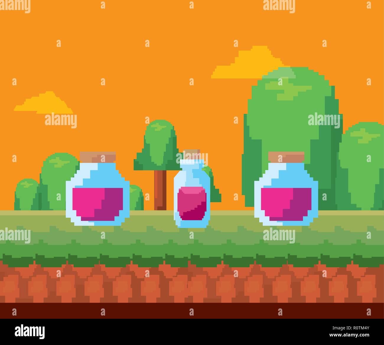 pixel video game landscape and potion bottles vector illustration Stock ...