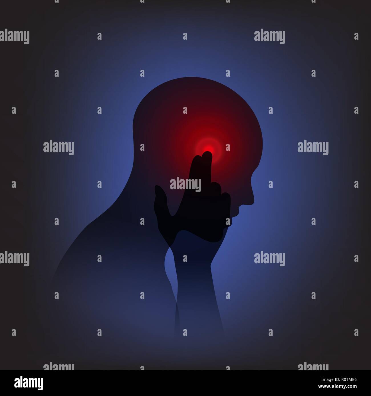 Man having headache, migraine, pain, pressing hand to head. Vector illustration, neon light style, concept for health problems, stress work, tired. Stock Vector