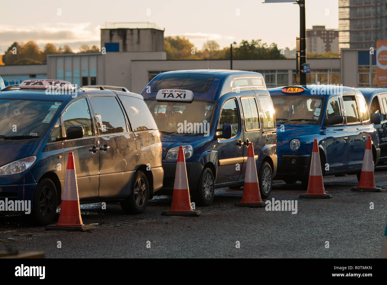 A queue of 'Bristol Blue' taxis in Bristol, UK Stock Photo