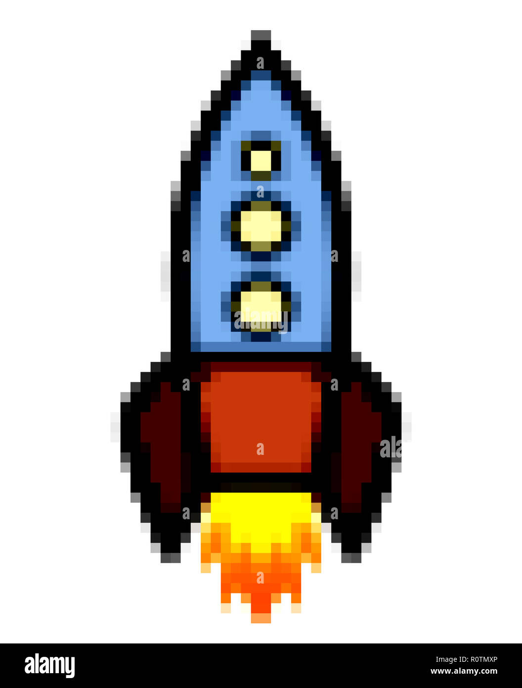 Pixel art: a retro rocket ship travelling into space. Stock Photo