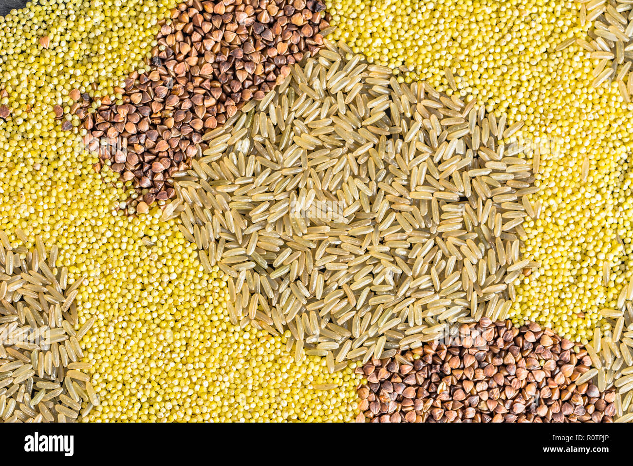 Various grain of cereal texture background rice, millet buckwheat, top view Stock Photo Alamy