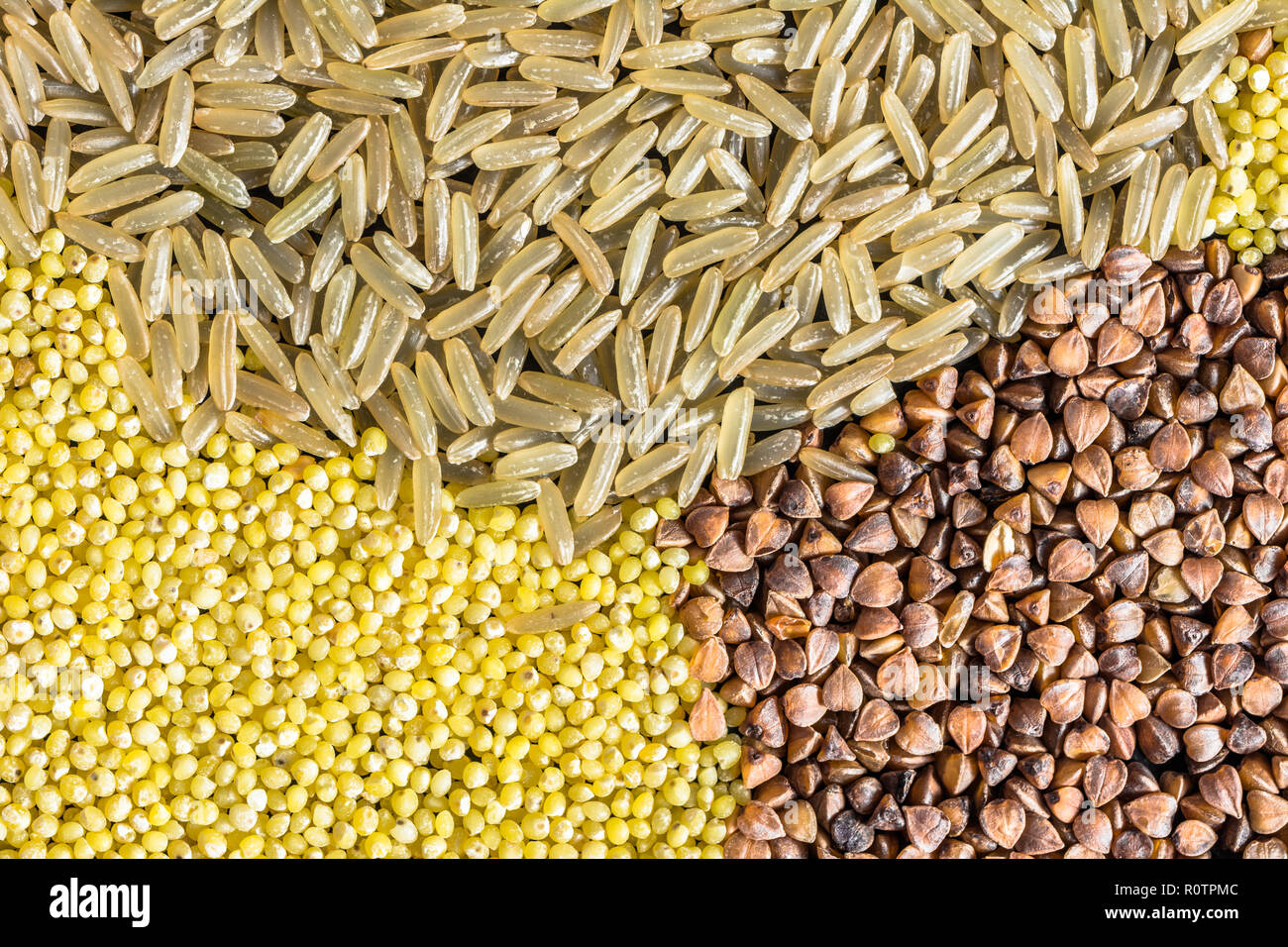 Various grain of cereal texture background rice, millet buckwheat, top view Stock Photo Alamy