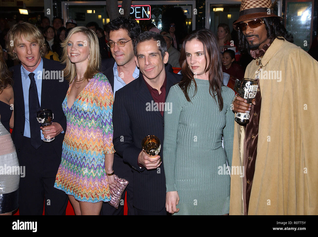 The cast, Owen Wilson, Amy Smart, the director, Ben Stiller, Juliette Lewis and Snoop Dogg  at the Premiere of ' Starsky & Hutch ' at the Westwood The Stock Photo