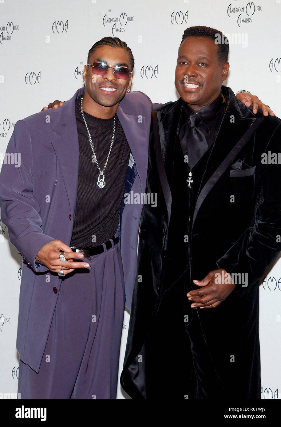 Ginuwine and Luther Vancross in the pressroom at the 29th Annual American Music Awards  at the Shrine Auditorium in Los Angeles  Wednesday, Jan. 9, 20 Stock Photo