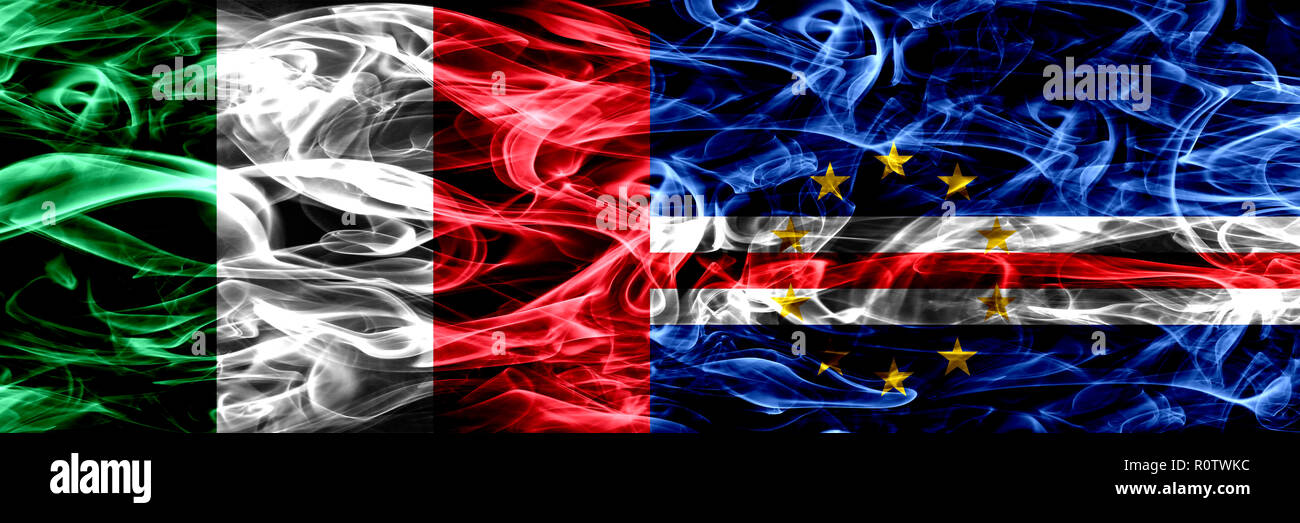 Italy vs Cape Verde smoke flags placed side by side. Thick abstract colored silky smoke flags