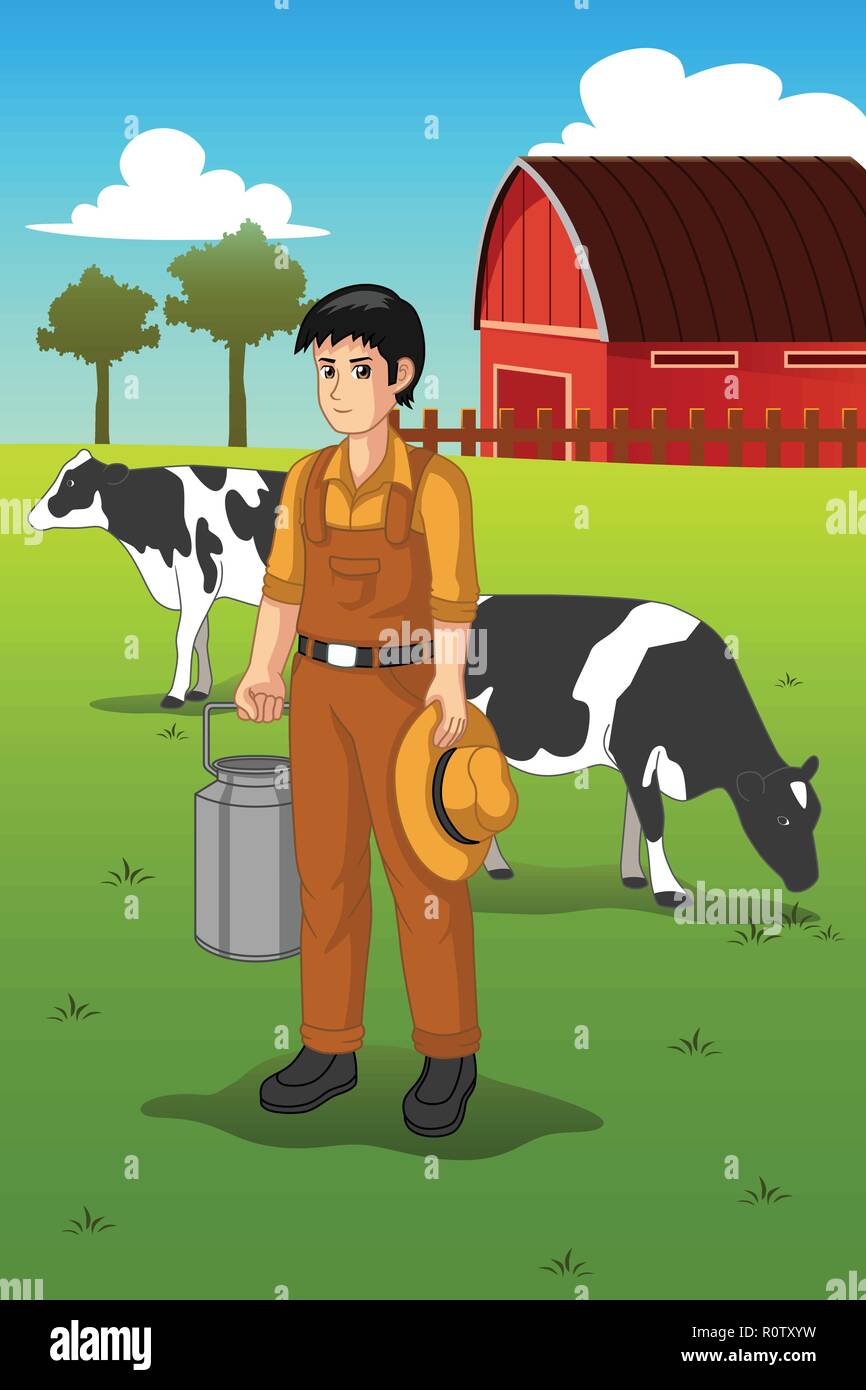 A vector illustration of Farmer Milking Cow Stock Vector