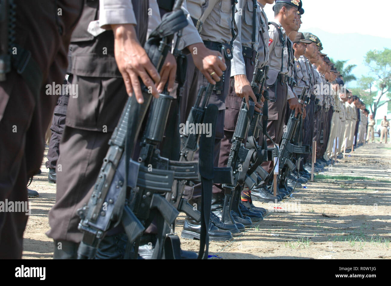 Banda Aceh, Indonesia - August 16, 2005: Indonesia Police with Indonesian Flag at Indonesian Independence day celebration at Blangpadang, banda aceh Stock Photo