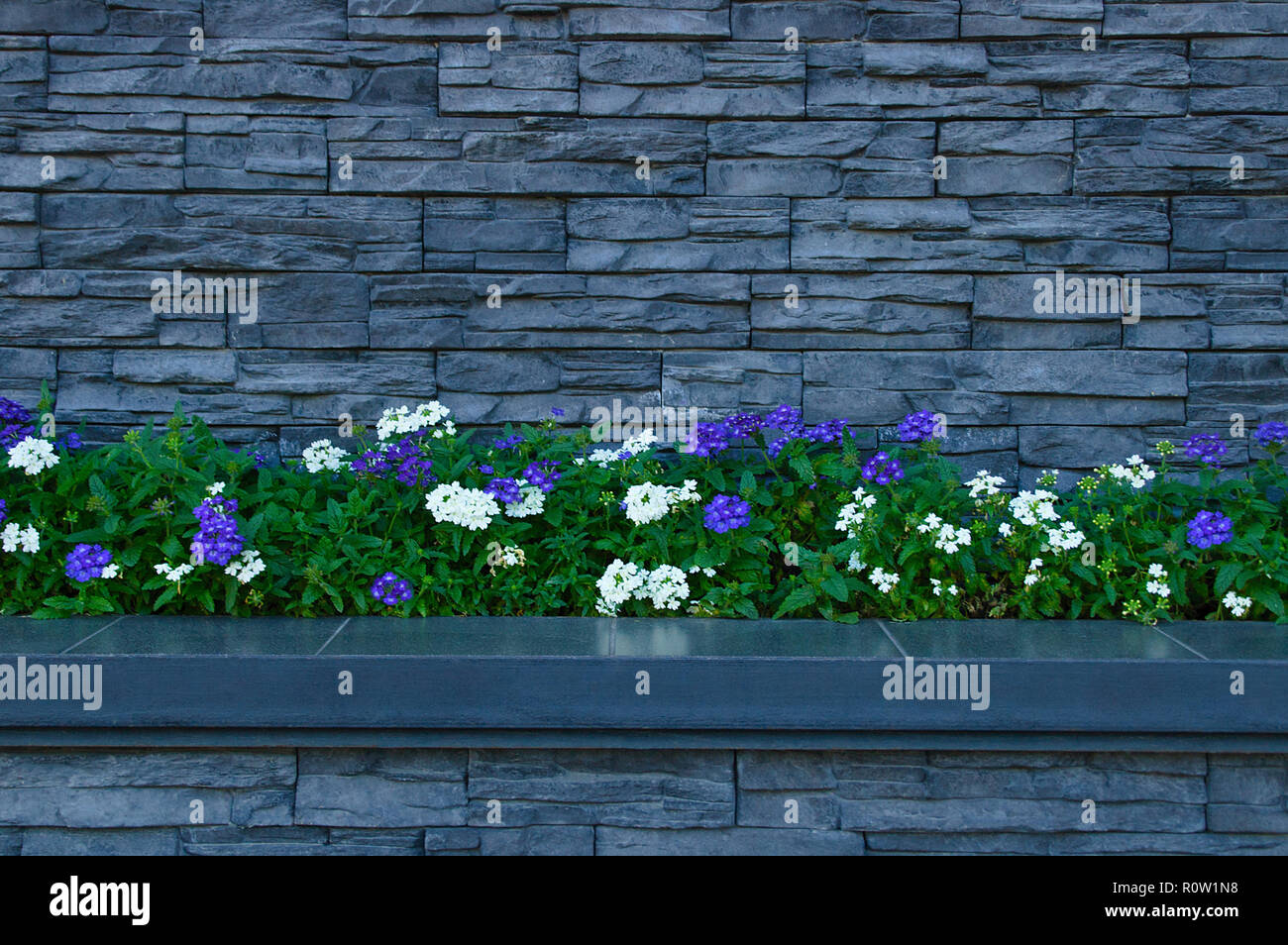 A wall made of decorative stone with a flower bed. Stock Photo