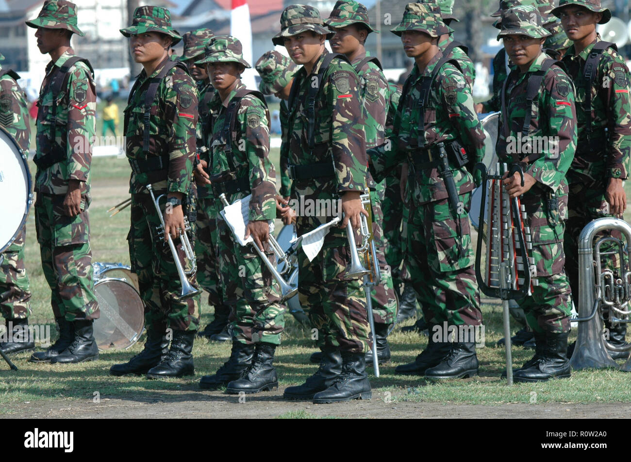 Banda Aceh, Indonesia - August 16, 2005: Indonesia military marching band at Indonesian Independence day celebration at Blangpadang, banda aceh Stock Photo