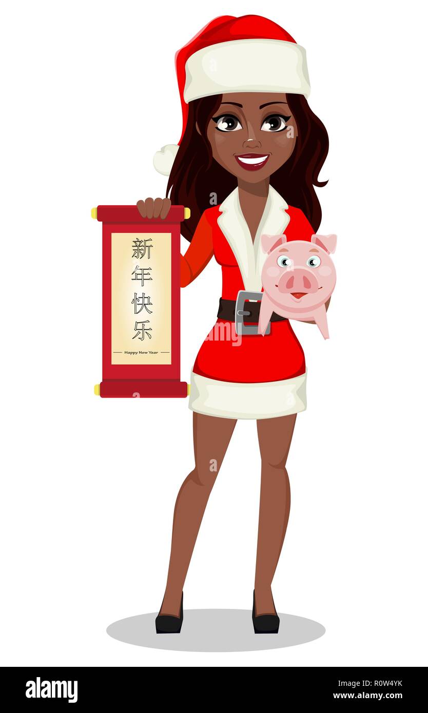 Merry Christmas. African-American woman in Santa Claus costume. Cartoon  character holds scroll with greetings and cute little piggy. Lettering  transla Stock Vector Image & Art - Alamy