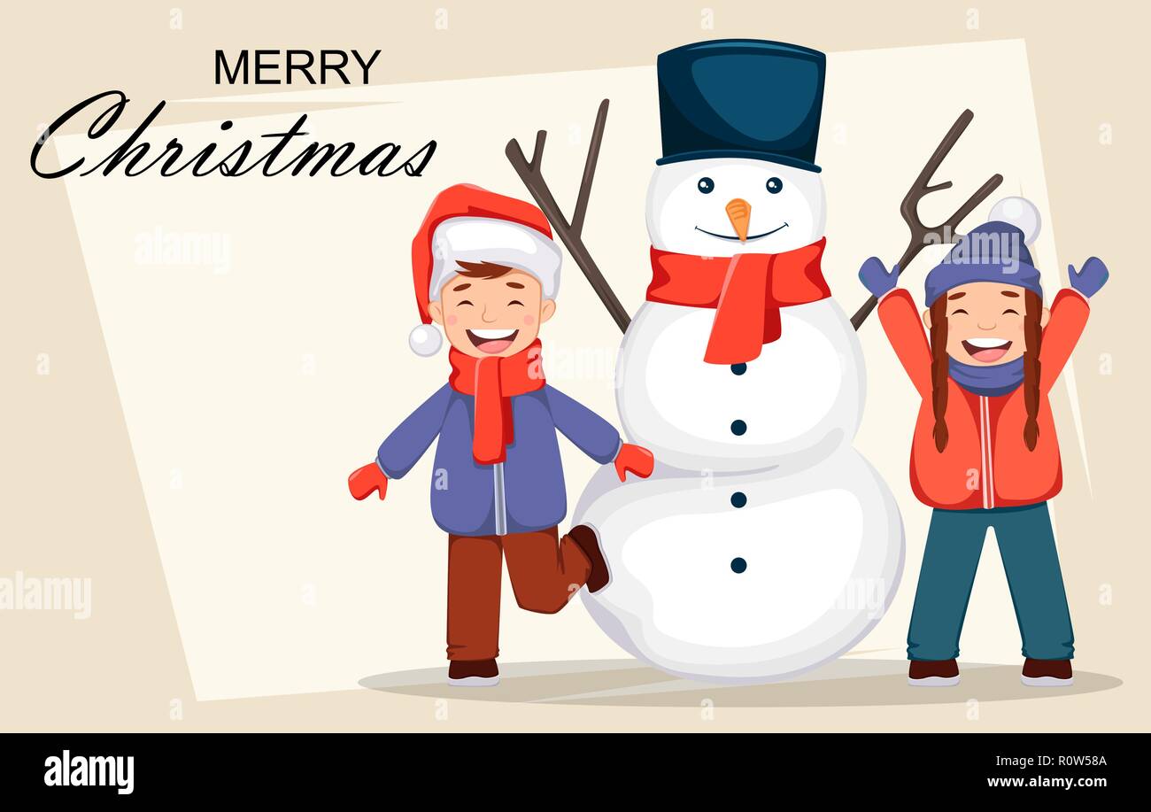 Merry Christmas Greeting Card With Cheerful Kids Playing With Snowman Cute Cartoon Characters Usable For Greeting Card Poster Flyer Vector Illust Stock Vector Image Art Alamy