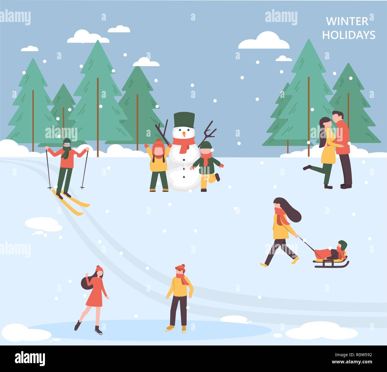 People relax in the park and celebrate winter holidays, flat design ...