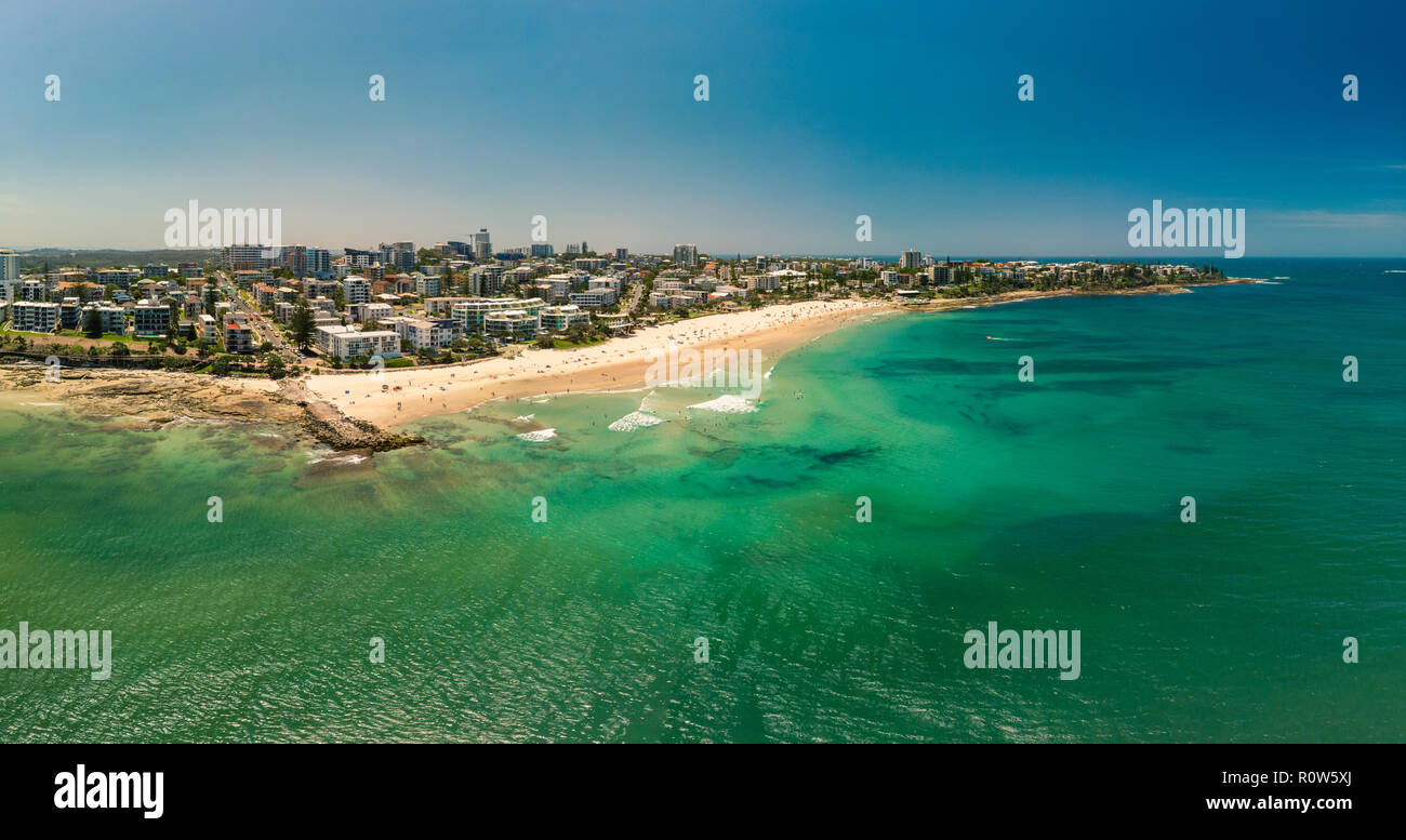 Aerial panoramic image of ocean waves on a Kings beach, Caloundra