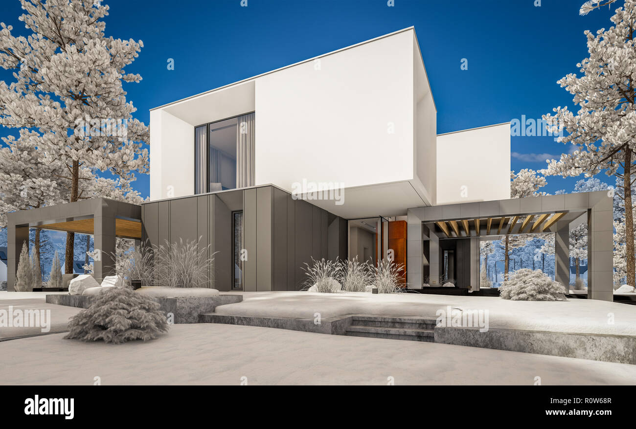 3d Rendering Of Modern Cozy House With Garage And Garden Cool