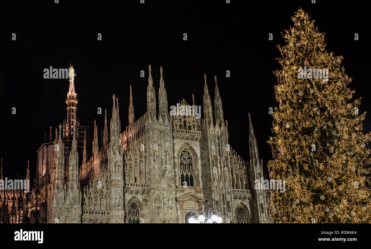 Duomo square lit by a tall Christmas tree in December. Milano, Italy Stock Photo