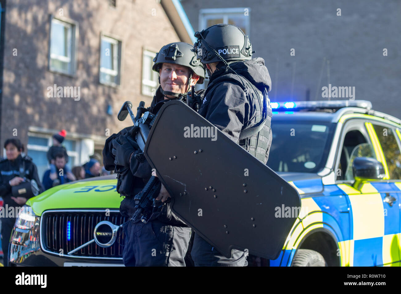 A demonstration at a public open day of a police armed road block Stock Photo