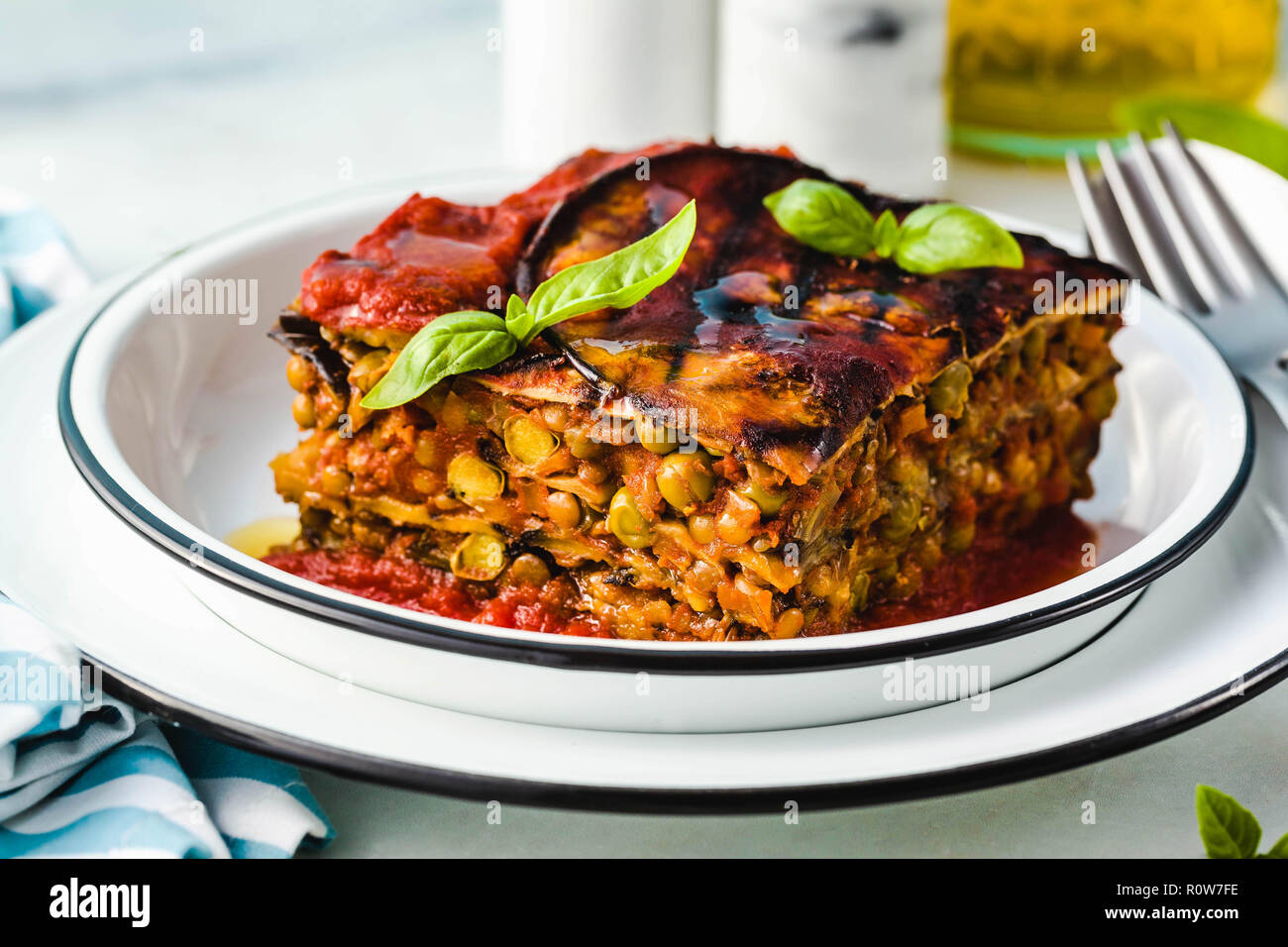 gluten free vegan lasagna. from grilled eggplant, green peas, lentils