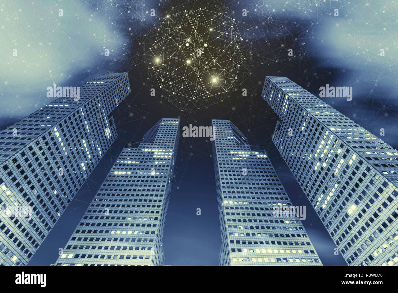 Connection technology background concept. High modern building in city at night with connection icons in the sky with cloud. Communication. Picture fo Stock Photo