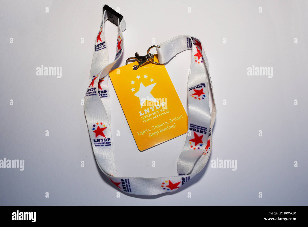 London New Year Day Parade media pass on a lanyard neck strap. Isolated on a white background. LNYDP. Lights, camera, action Stock Photo