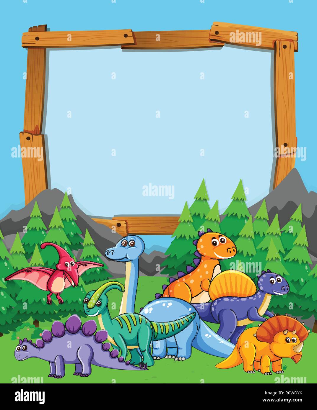 Many dinosaur on nature wooden frame illustration Stock Vector Image