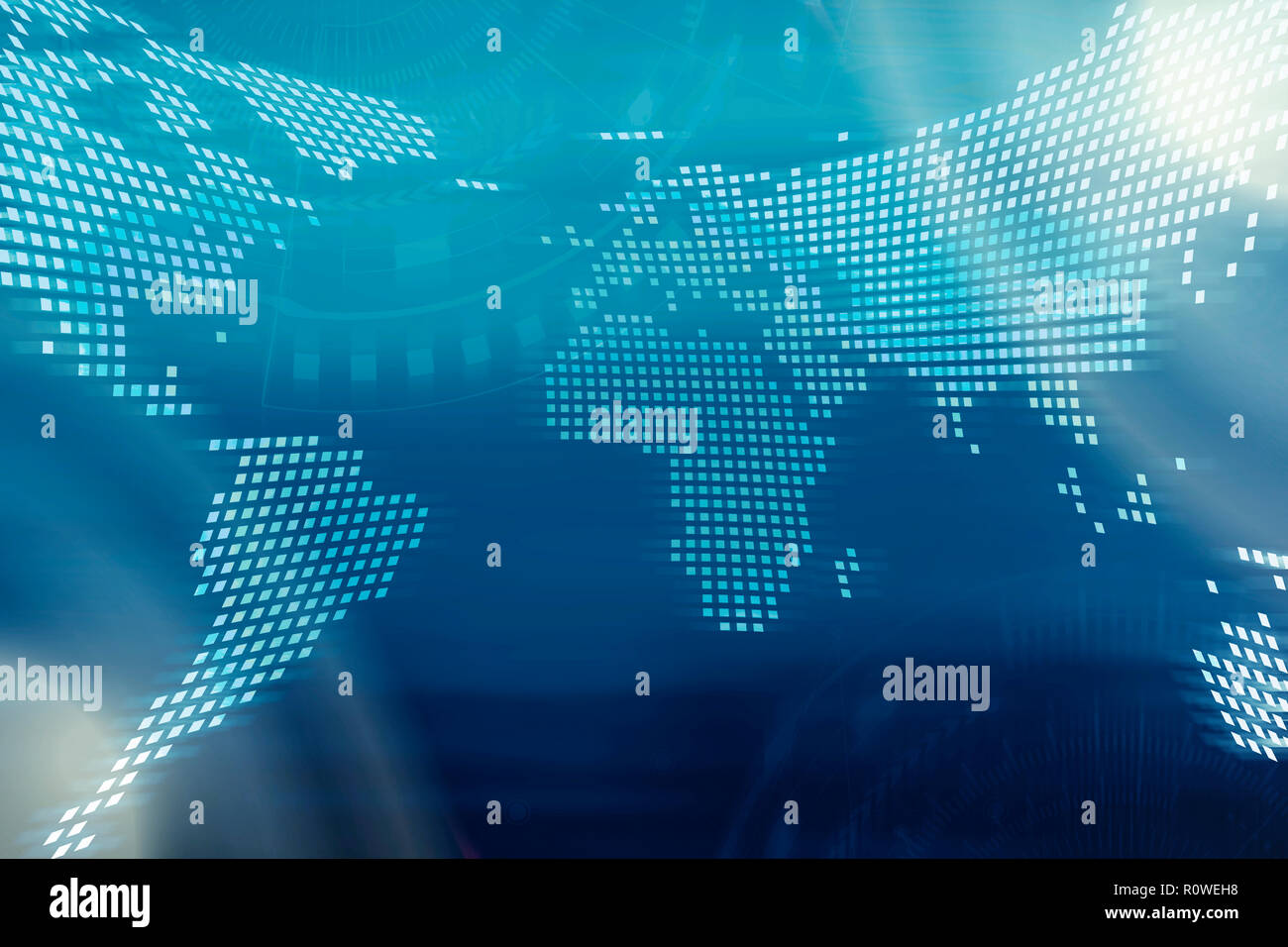 Technology background. Digital world map with technology icons on blurred blue background. Stock Photo