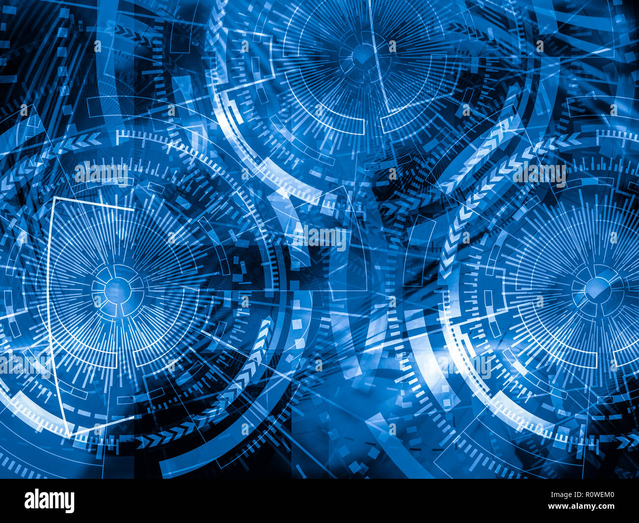 Technology background concept. Abstract blue background. Double exposure of computer hologram on black background. Stock Photo