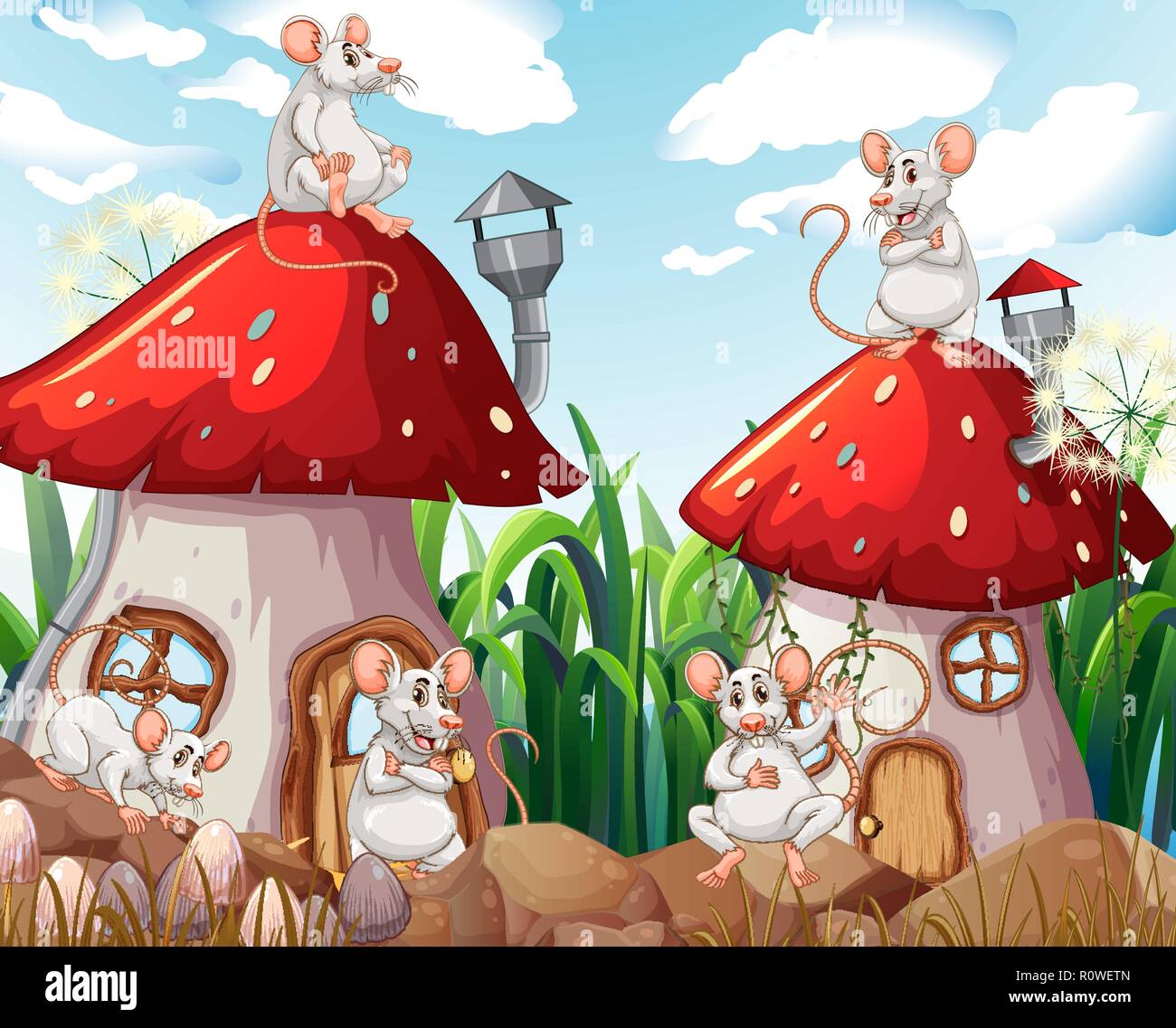 Mouses with cheese house in garden cartoon Vector Image