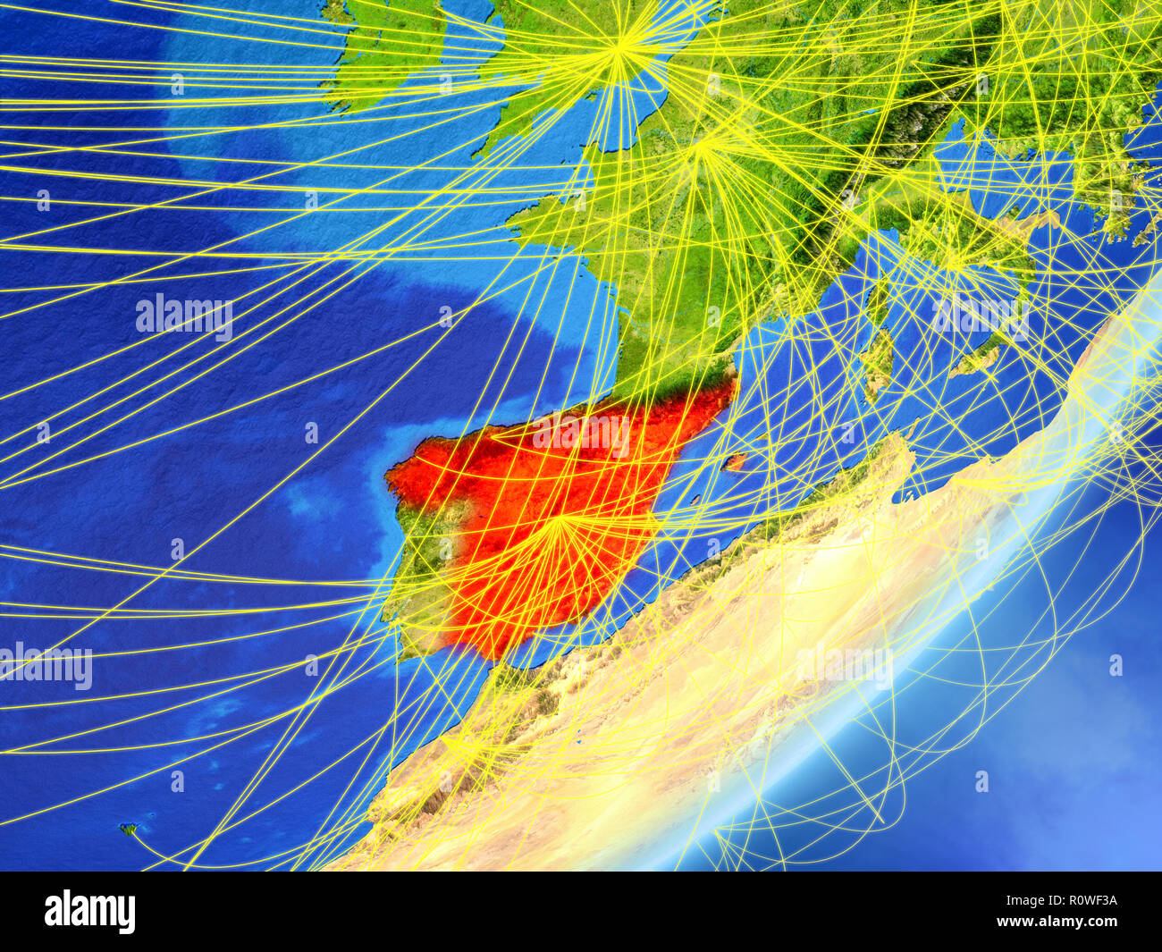 Spain on model of planet Earth with network at night. Concept of new ...