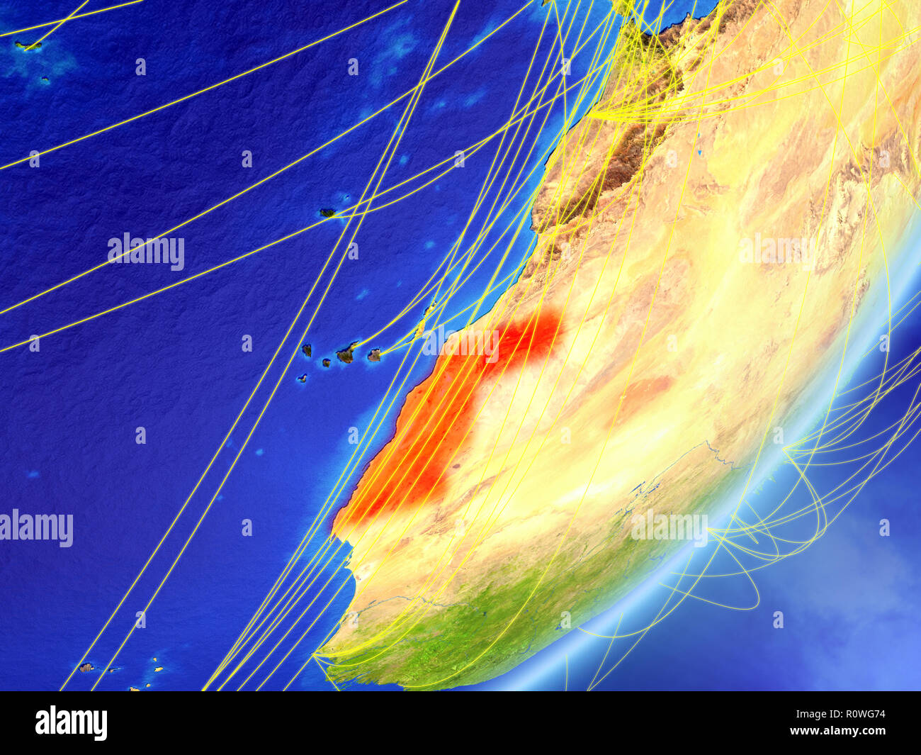 Western Sahara on model of planet Earth with network at night. Concept ...