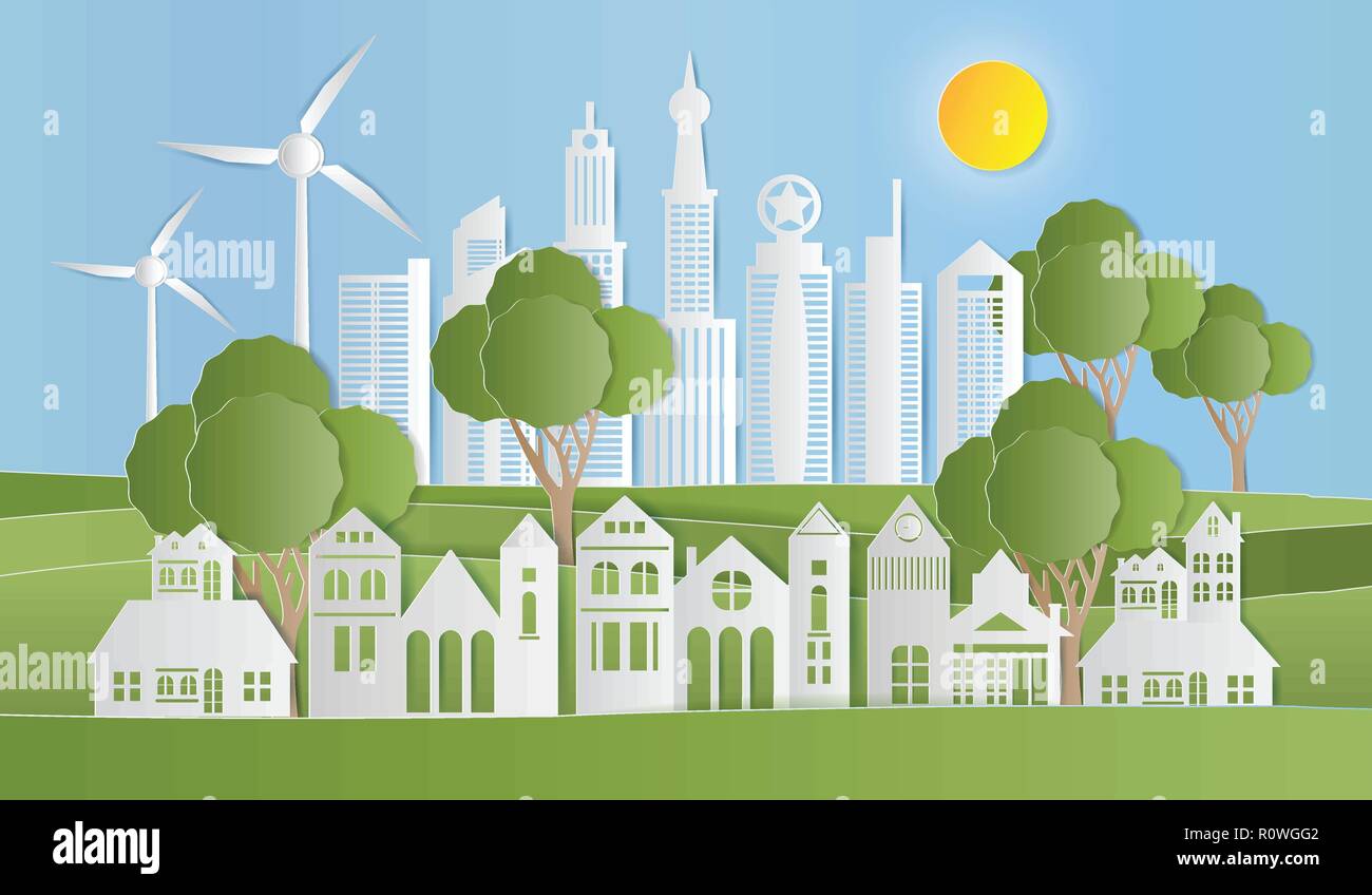 Landscape of city in nature, GO GREEN SAVE THE WORLD concept, Paper art ...