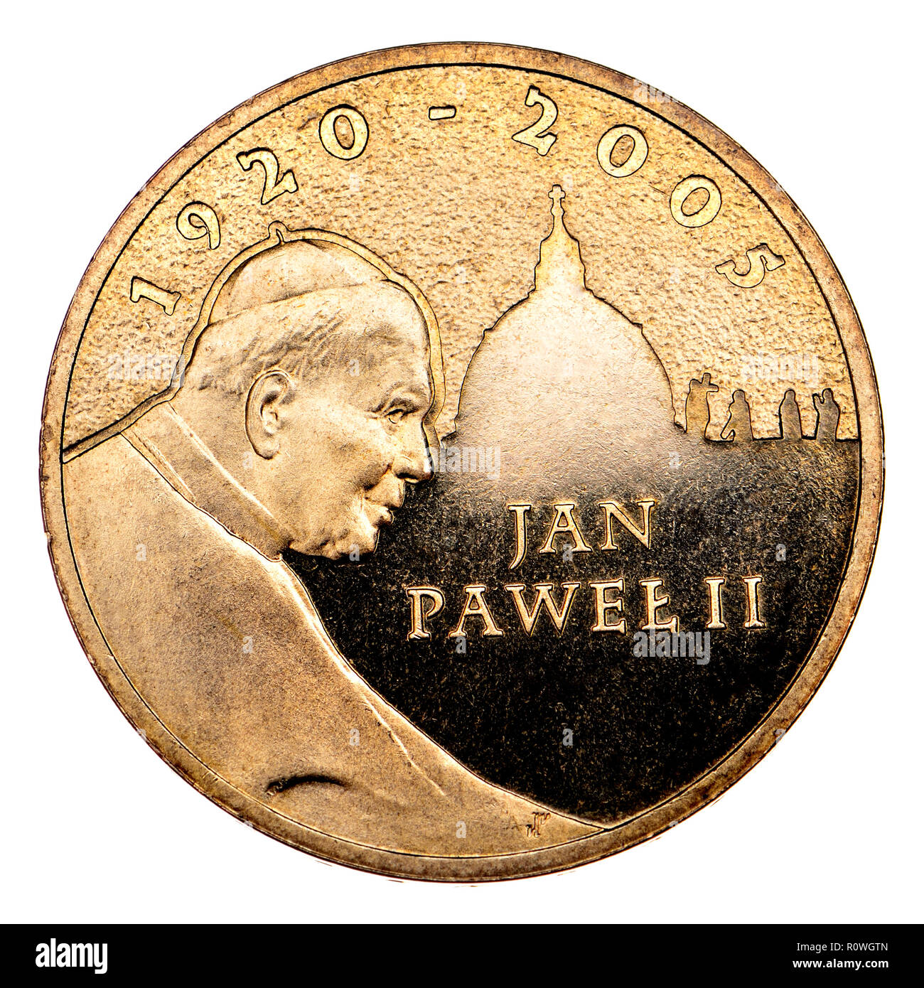 Pope John Paul II on a Polish 2Zl commemorative coin. 'Nordic Gold' (alloy of copper, aluminium, zinc, and tin). Stock Photo