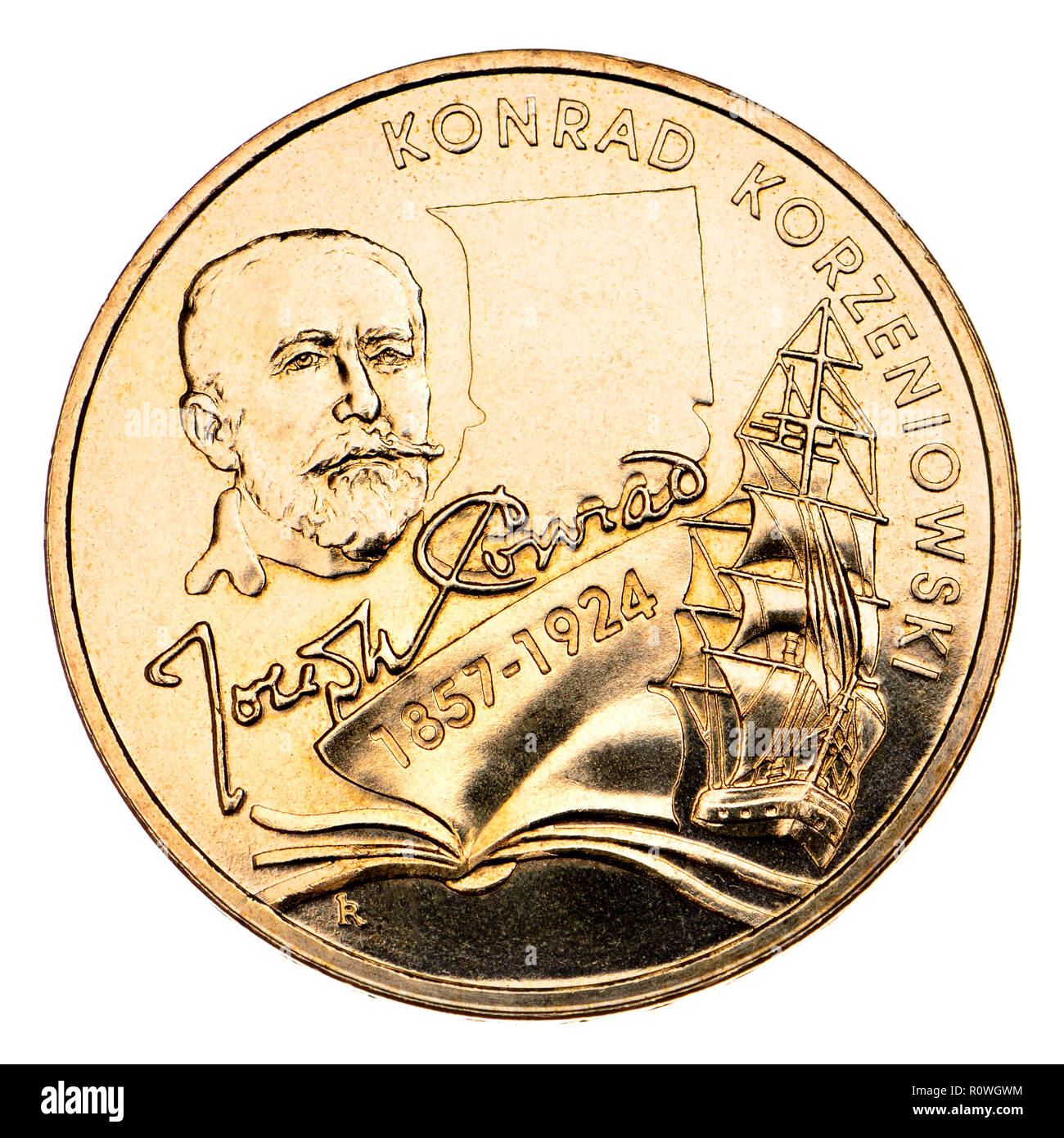 Joseph Conrad (born Józef Teodor Konrad Korzeniowski: 1857-1924) EPolish/British author, on a Polish 2Zl commemorative coin. 'Nordic Gold' (alloy of c Stock Photo