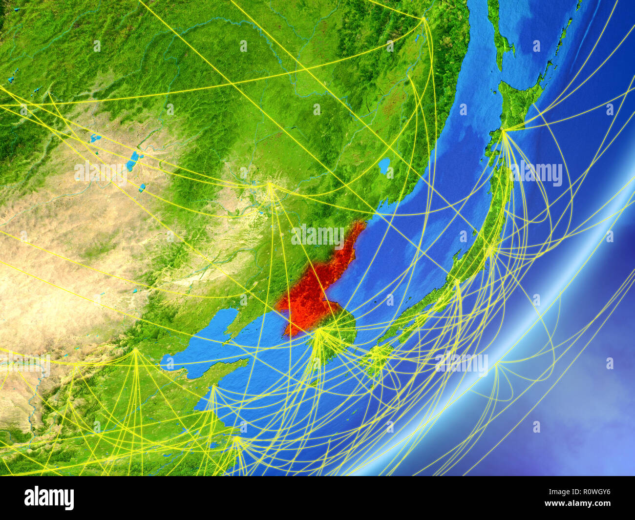North Korea on model of planet Earth with network at night. Concept of ...