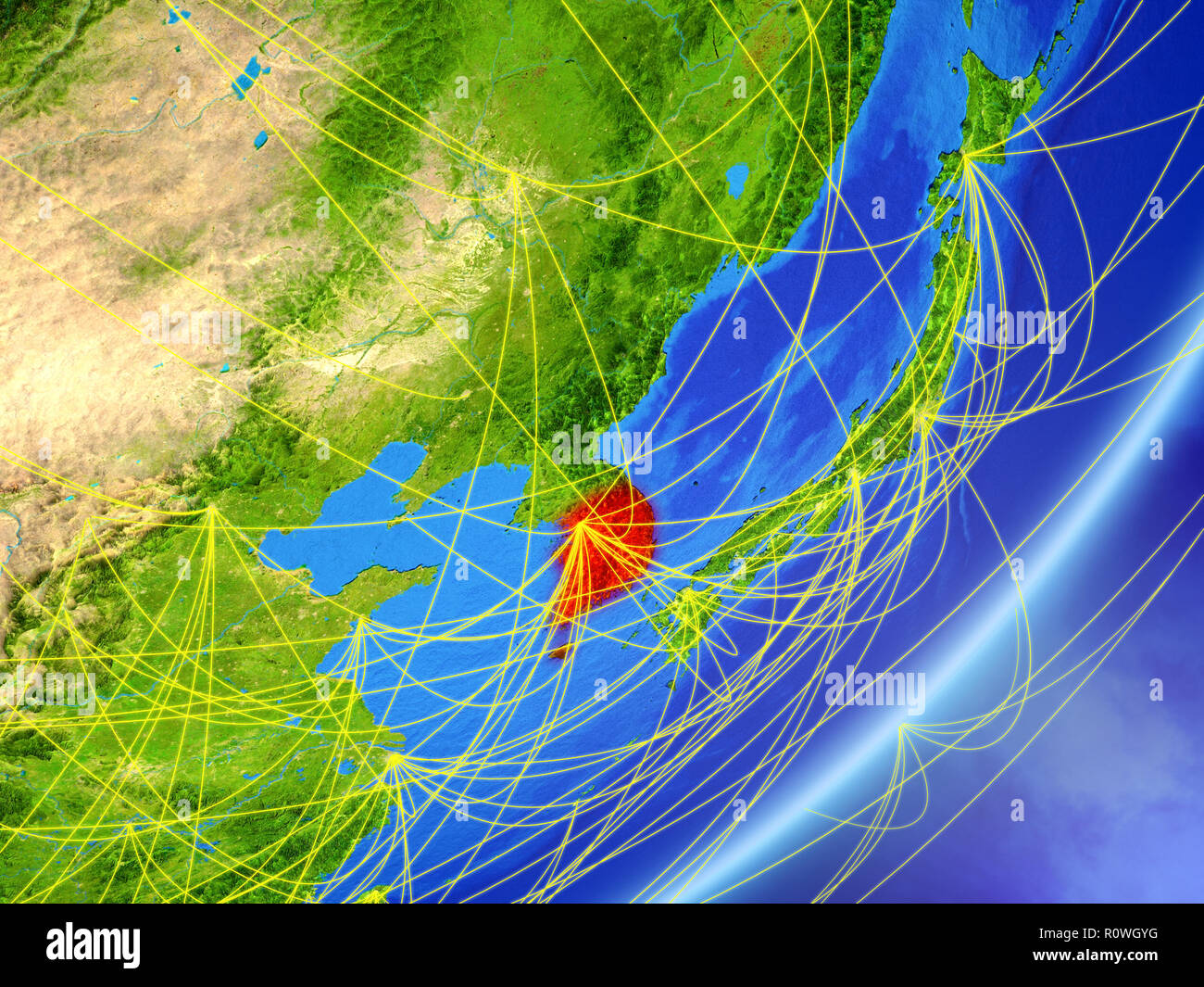 South Korea on model of planet Earth with network at night. Concept of ...