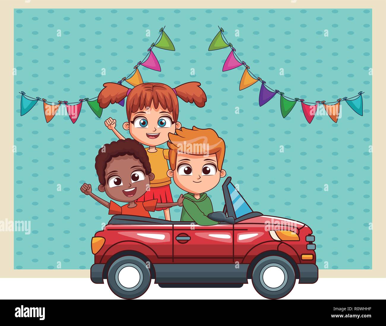 three kids driving car cartoon Stock Vector