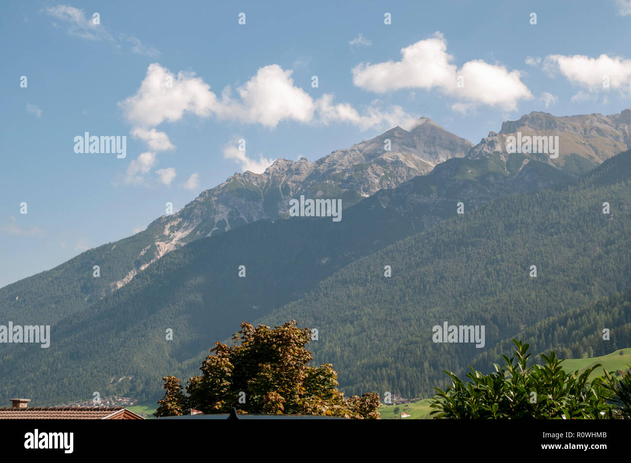 Neustift im Stubaital The Austrian Alps as seen from the towns centre Stock Photo