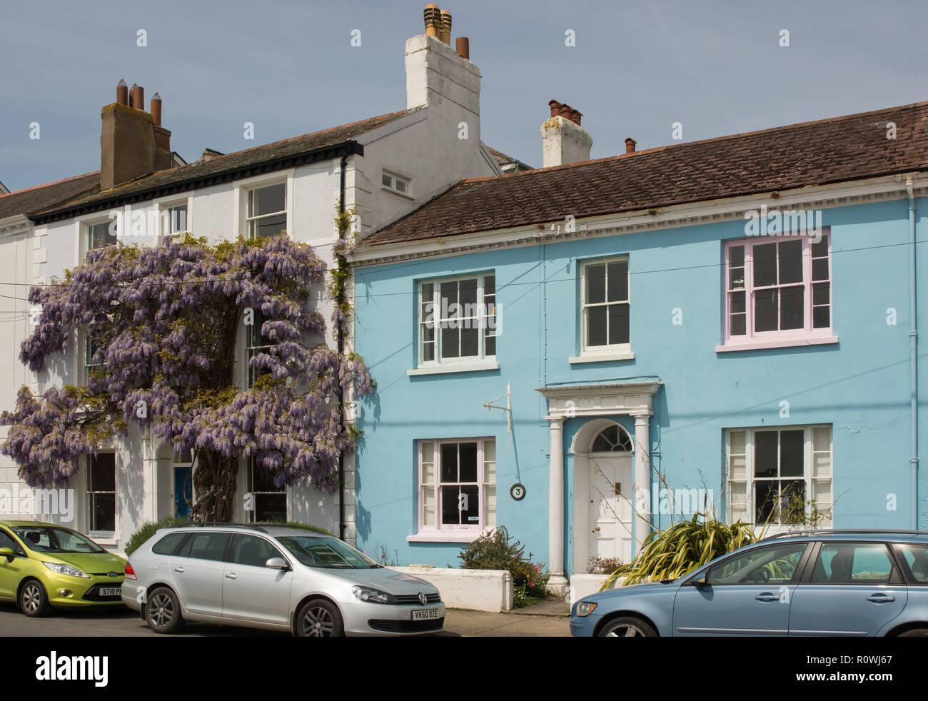 Colourful cottages with Wisteria at Appledore in North Devon, England