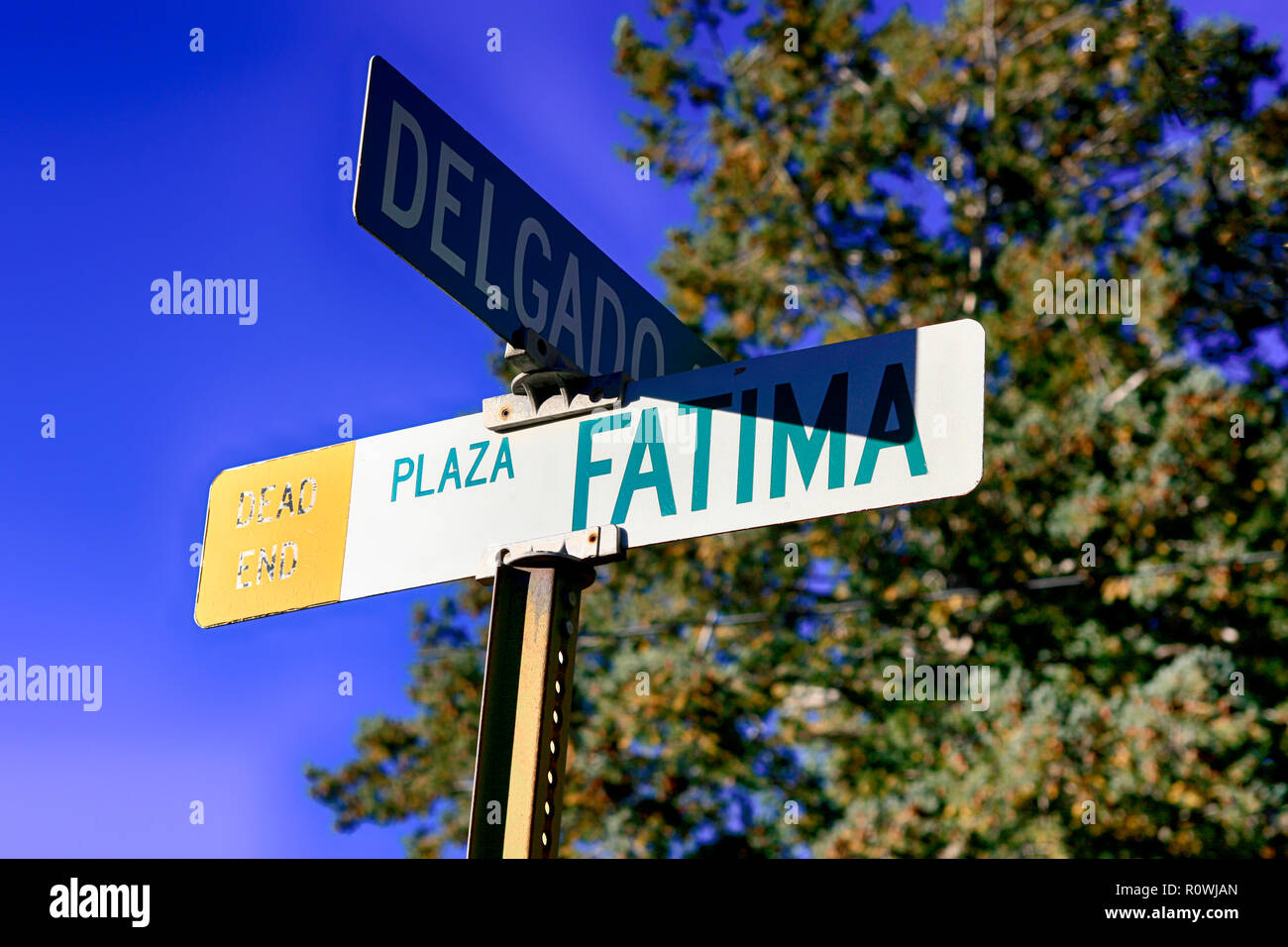 Fatima and Delgado Street signpost in Santa Fe, NM, USA Stock Photo