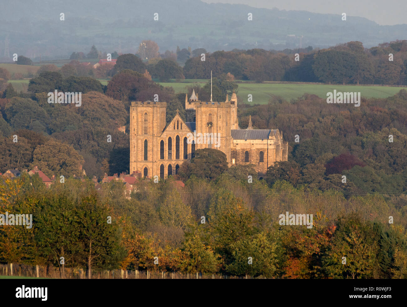 Distant view of Ripon Cathedral, in evening sun, from Fountains Abbey ...