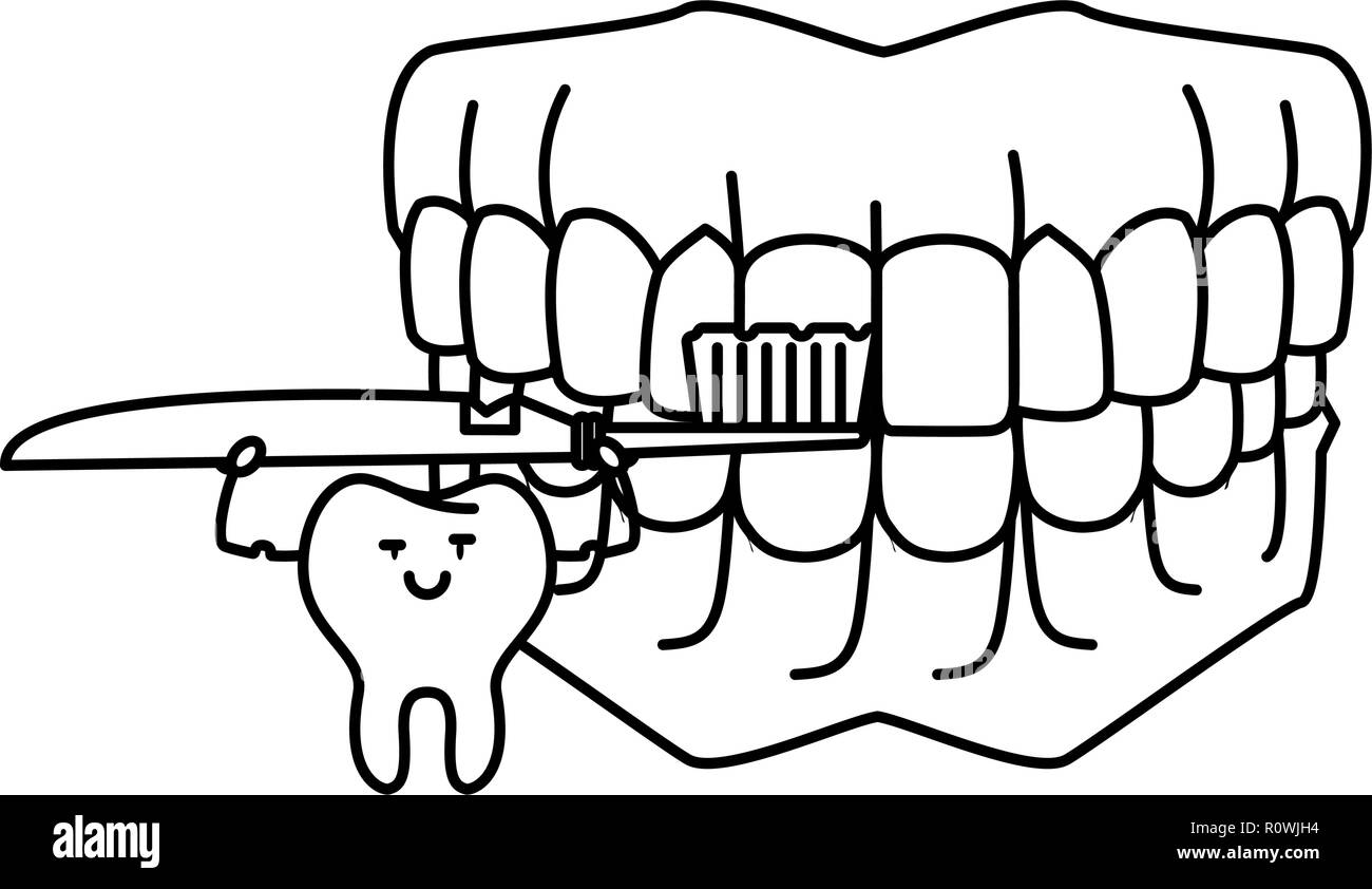 cartoon dental care denture black and white Stock Vector