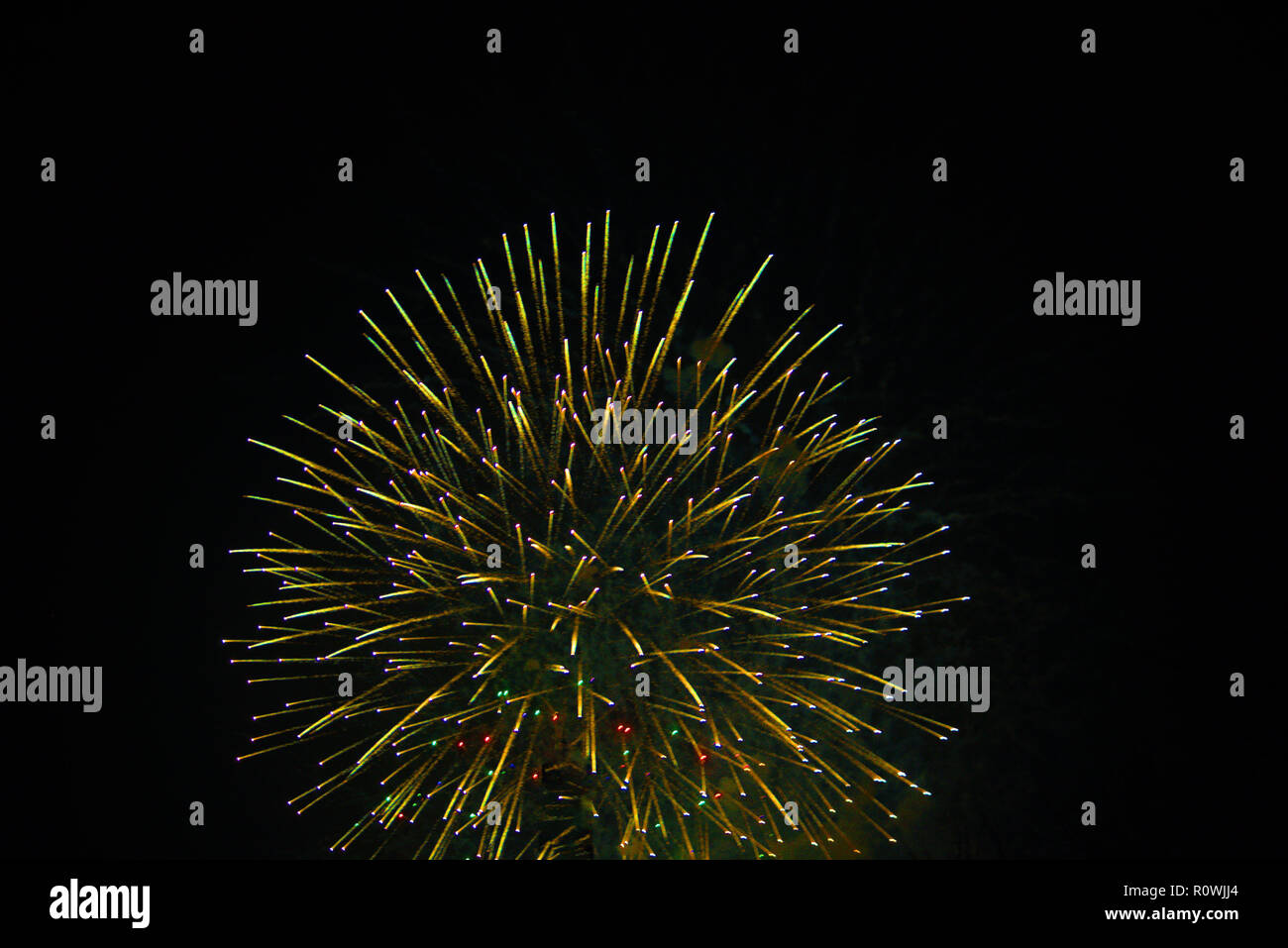 Bright, colorful fireworks in a dark night sky Stock Photo