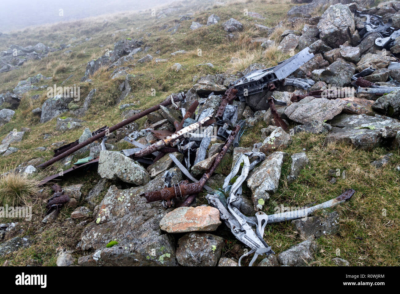 Wreckage from a Hurricane Aircraft Which Crashed on the Mountain of Slight Side Near Sca Fell on 12th August 1941, Lake District, Cumbria, UK Stock Photo