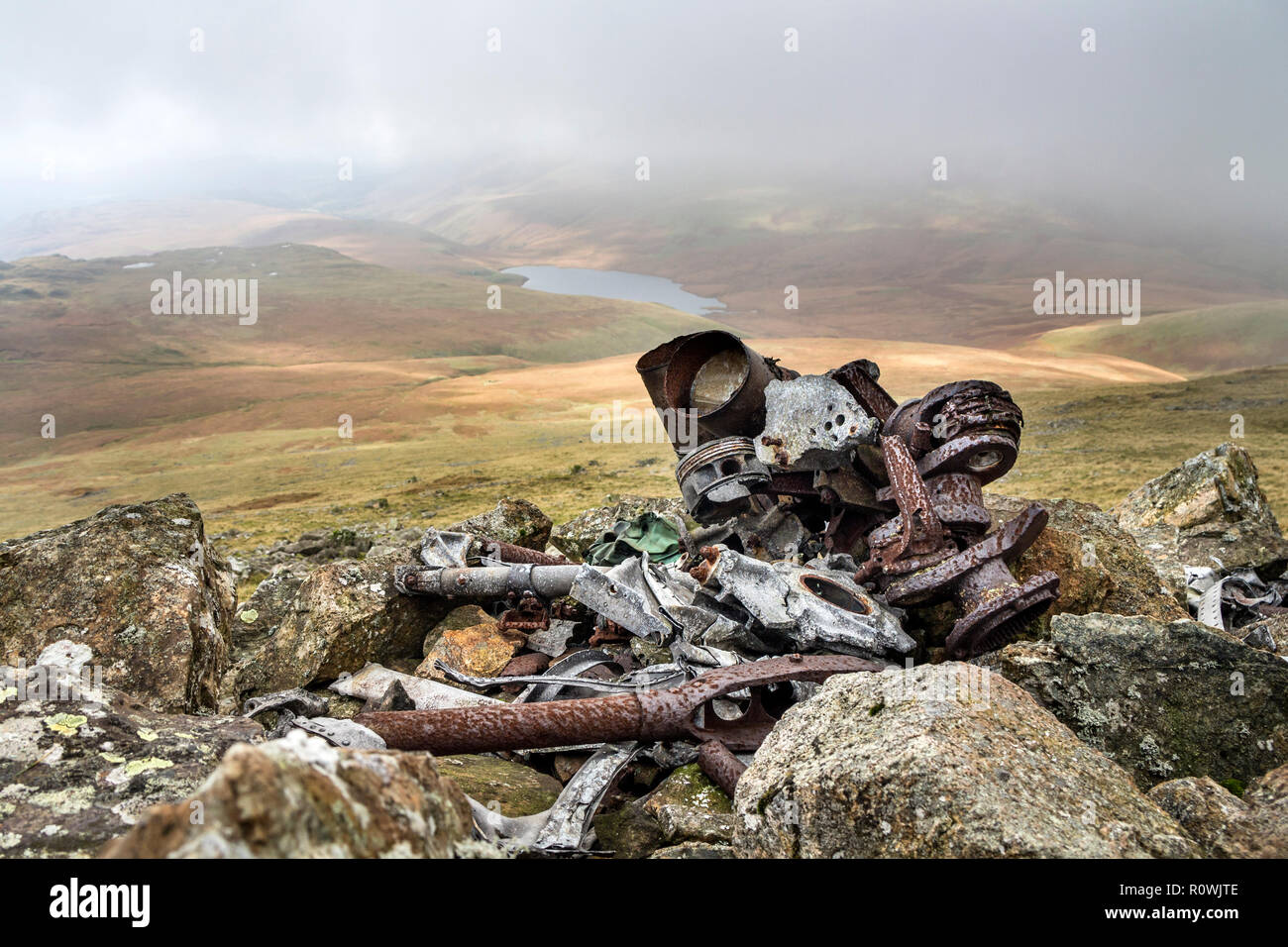 Wreckage from a Hurricane Aircraft Which Crashed on the Mountain of Slight Side Near Sca Fell on 12th August 1941, Lake District, Cumbria, UK Stock Photo