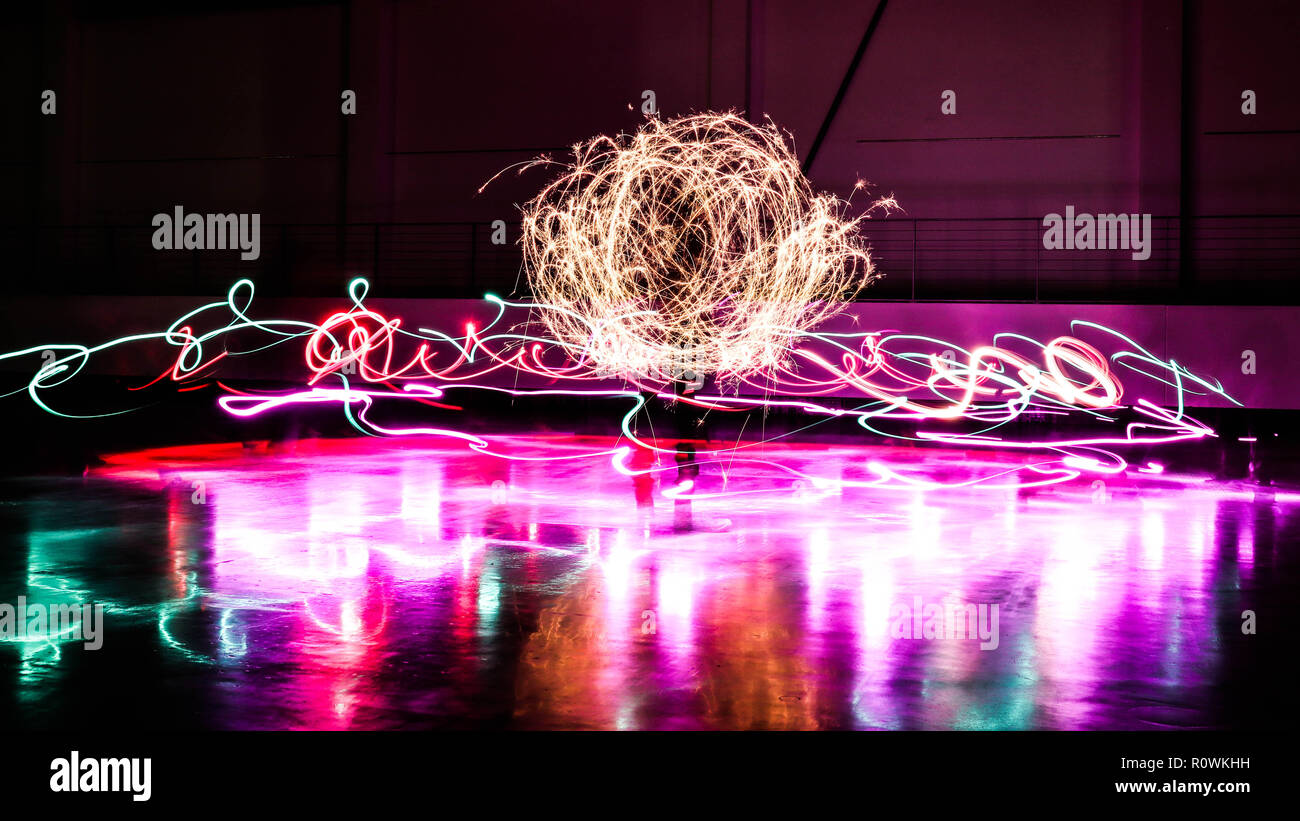 Sparkler Bulb Exposure in a dark hangar Stock Photo