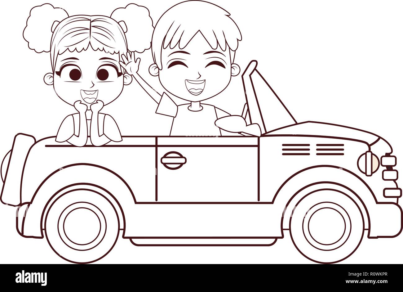 two smiling kids driving car black and white Stock Vector Image & Art